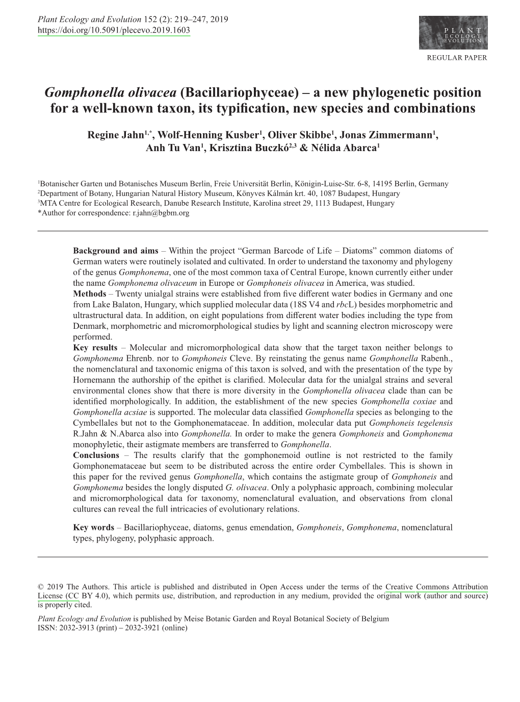 Bacillariophyceae) – a New Phylogenetic Position for a Well-Known Taxon, Its Typification, New Species and Combinations