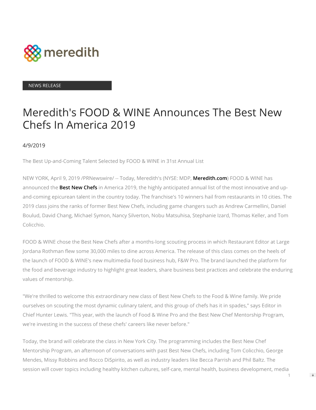 Meredith's FOOD & WINE Announces the Best New Chefs in America 2019