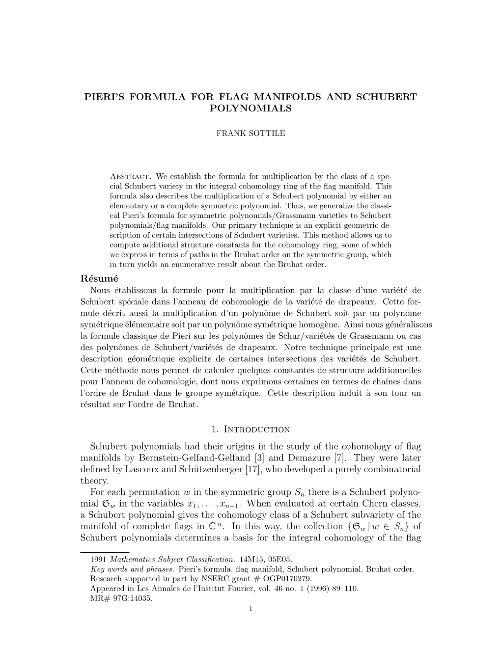 Pieri's Formula for Flag Manifolds and Schubert