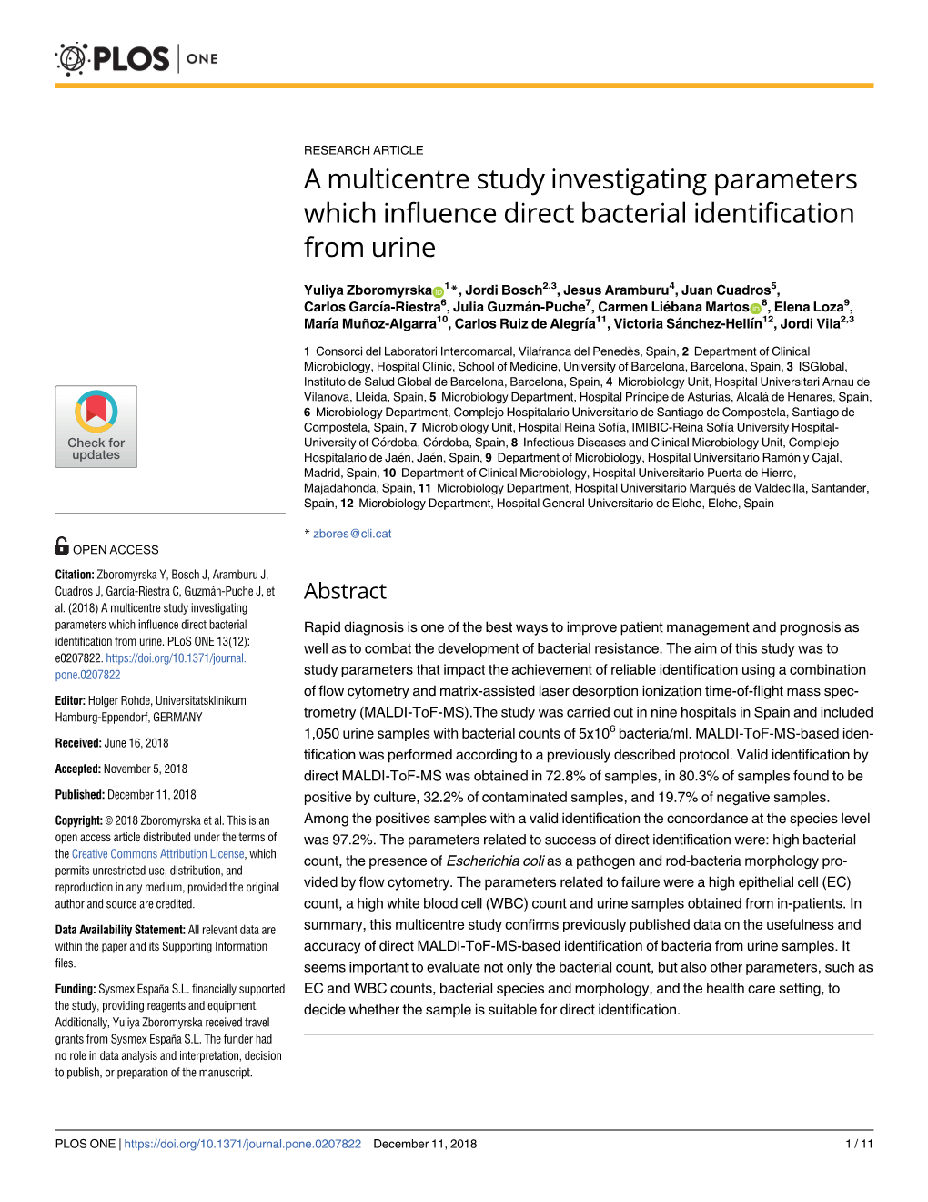 A Multicentre Study Investigating Parameters Which Influence Direct Bacterial Identification from Urine