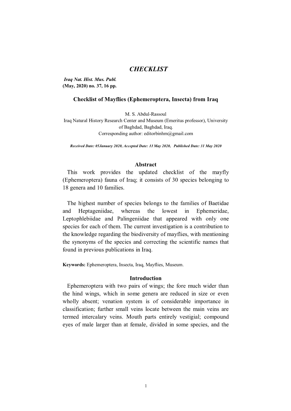 Checklist of Mayflies (Ephemeroptera, Insecta) from Iraq