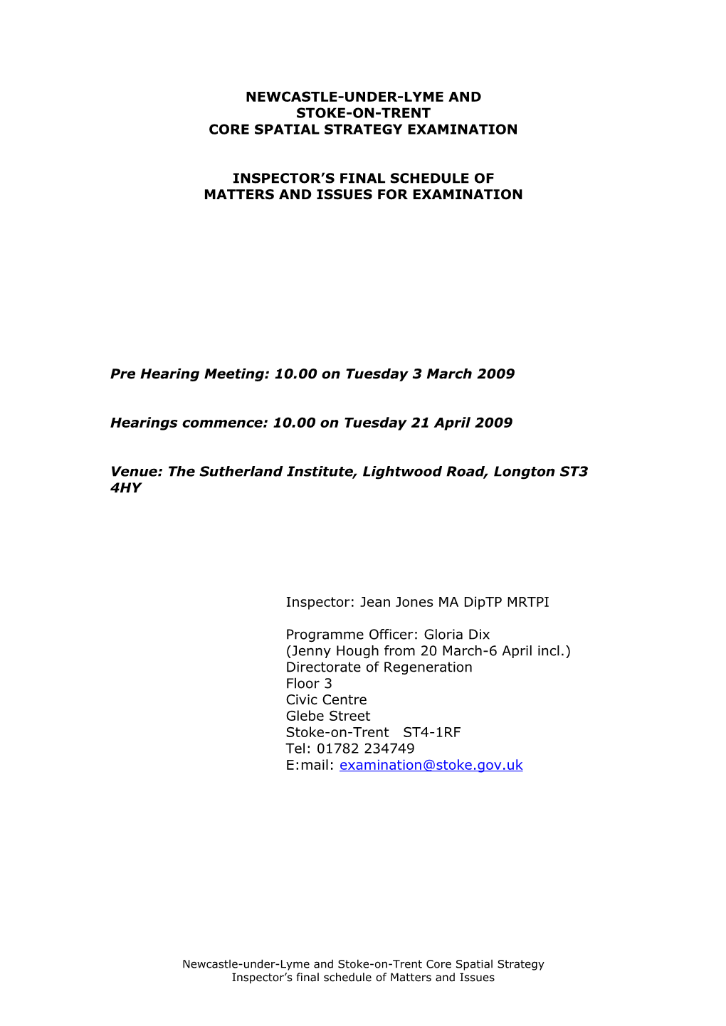 Newcastle-Under-Lyme and Stoke-On-Trent Core Spatial Strategy Examination