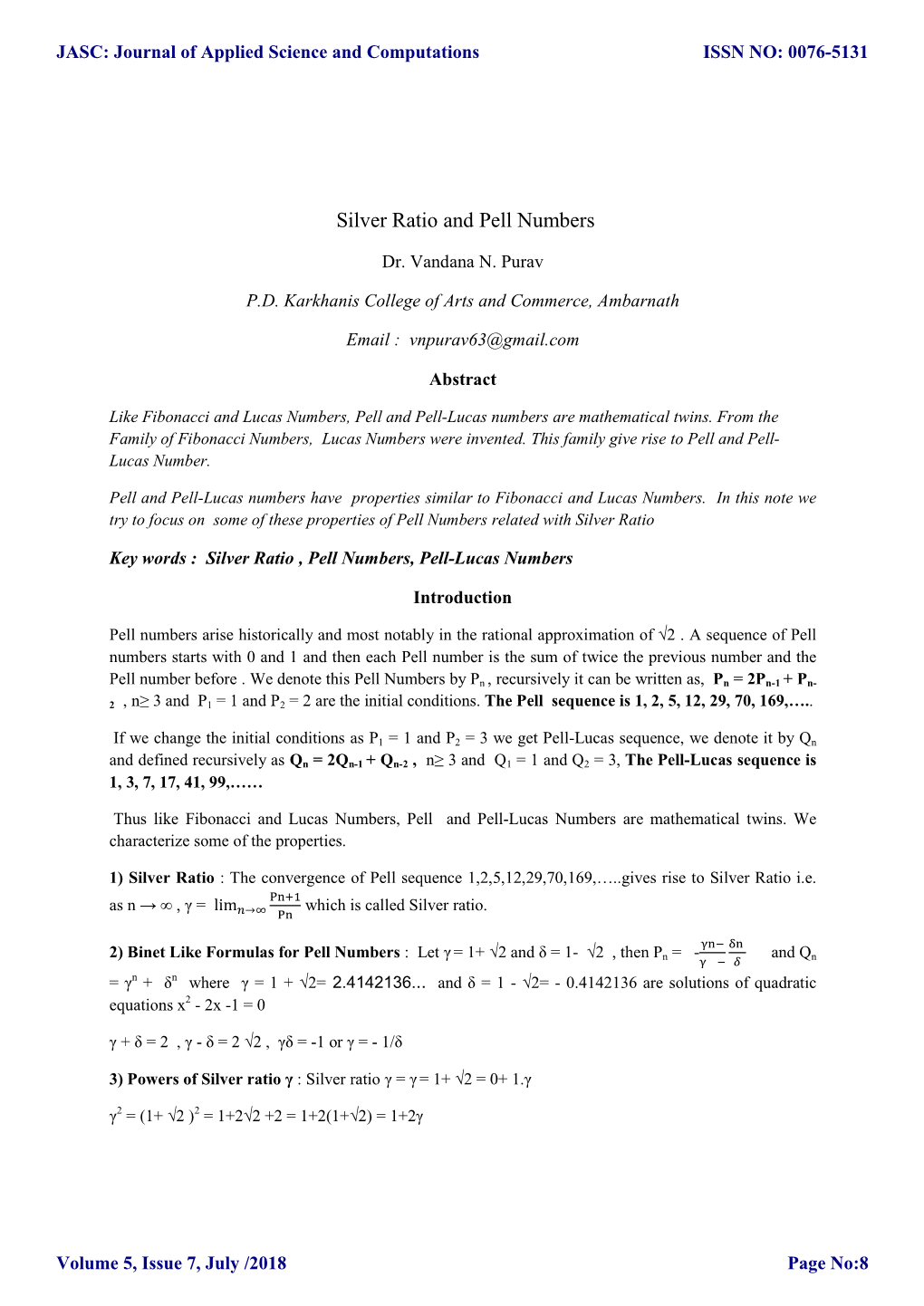 Silver Ratio and Pell Numbers