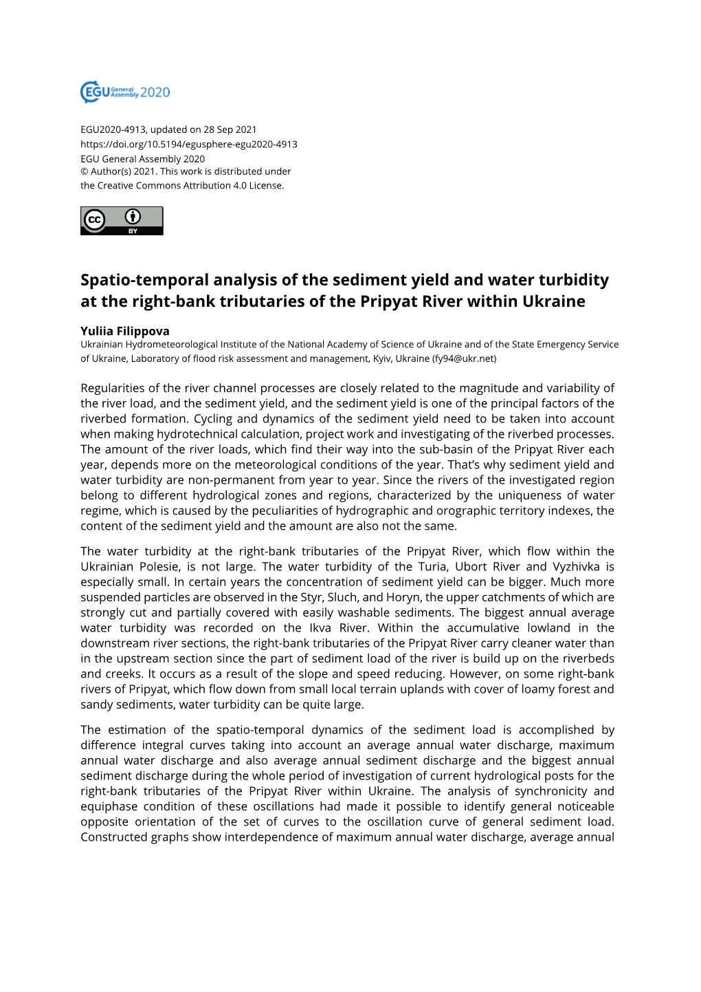 Spatio-Temporal Analysis of the Sediment Yield and Water Turbidity at the Right-Bank Tributaries of the Pripyat River Within Ukraine