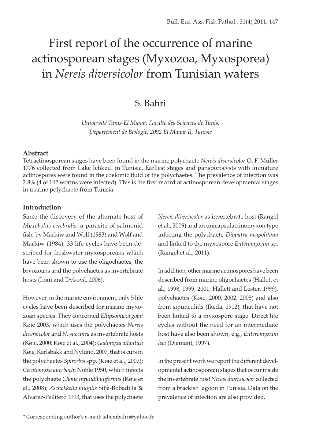 Myxozoa, Myxosporea) in Nereis Diversicolor from Tunisian Waters