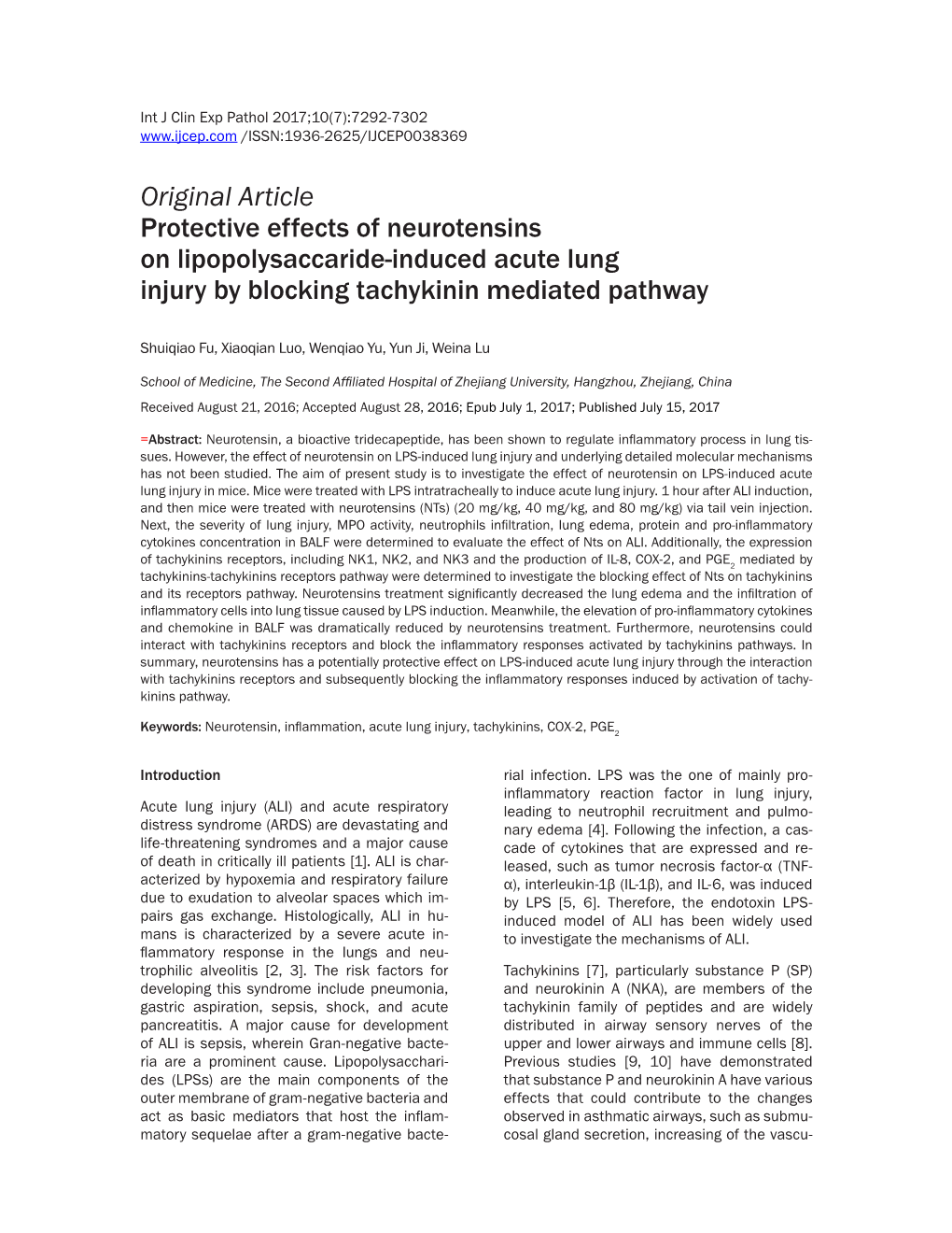 Original Article Protective Effects of Neurotensins on Lipopolysaccaride-Induced Acute Lung Injury by Blocking Tachykinin Mediated Pathway