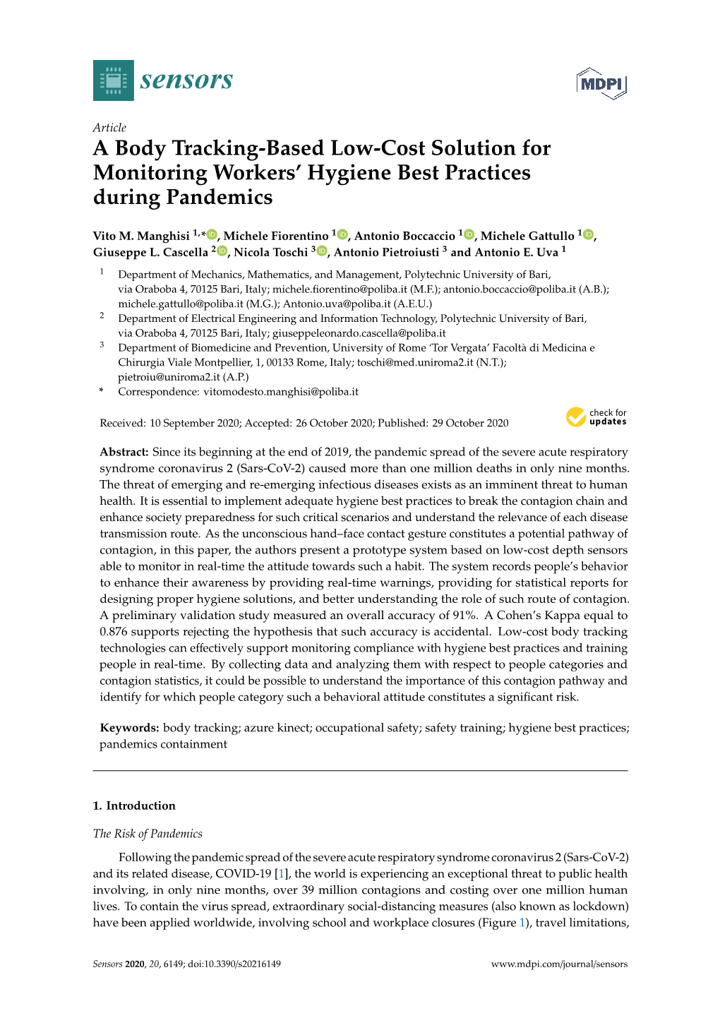 A Body Tracking-Based Low-Cost Solution for Monitoring Workers’ Hygiene Best Practices During Pandemics