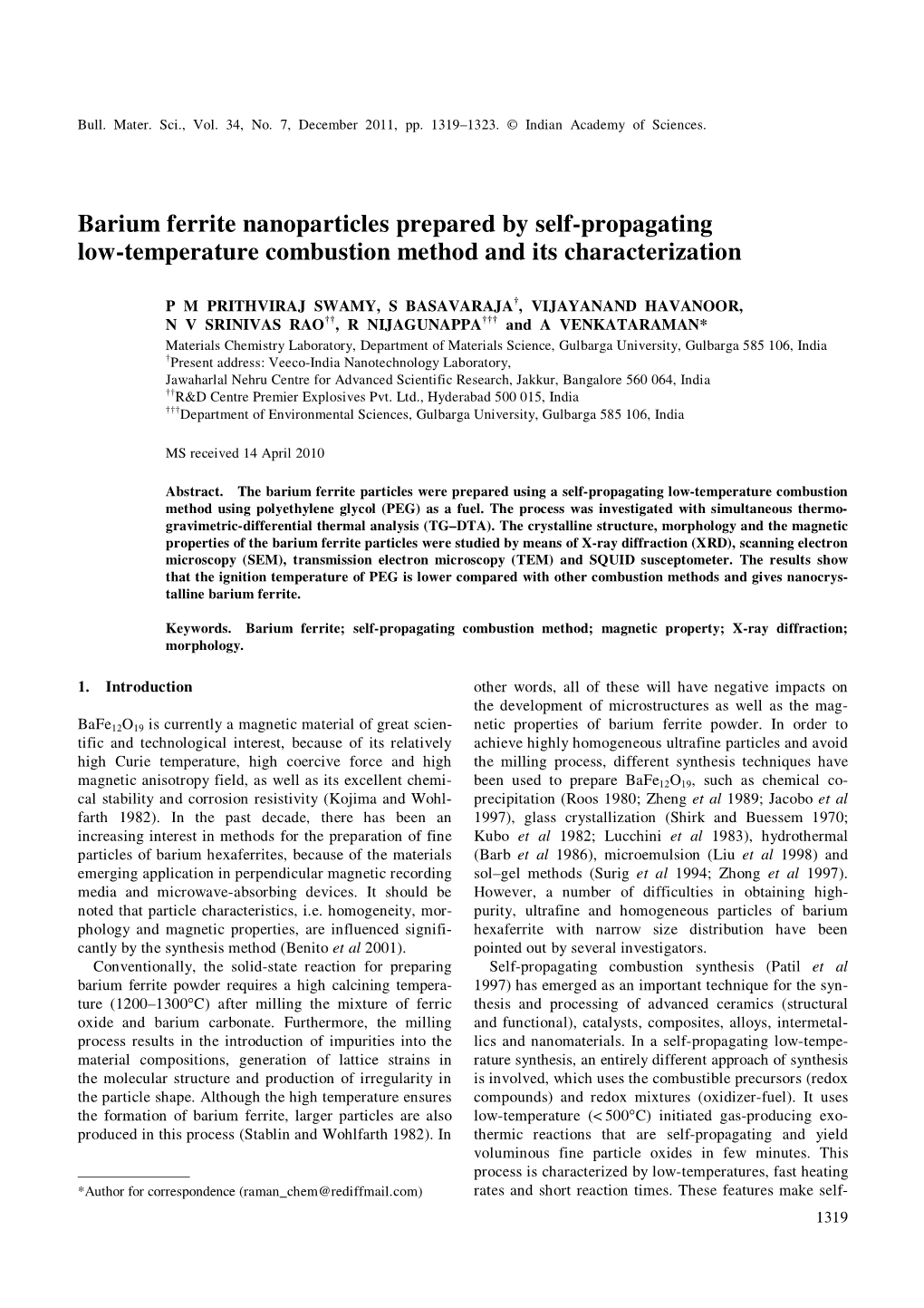 Barium Ferrite Nanoparticles Prepared by Self-Propagating Low-Temperature Combustion Method and Its Characterization