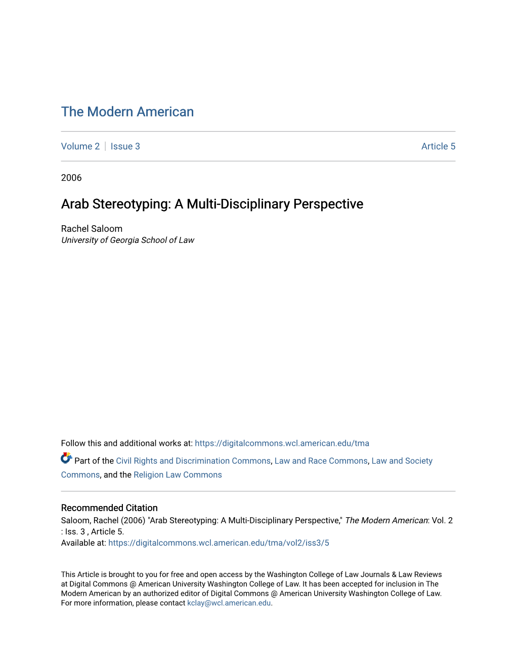 Arab Stereotyping: a Multi-Disciplinary Perspective