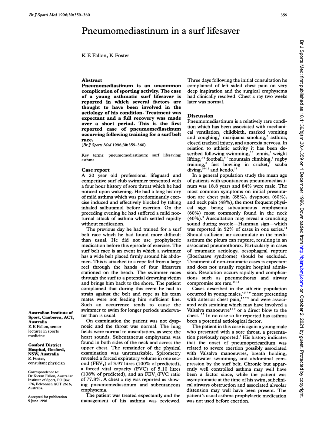 Pneumomediastinum in a Surf Lifesaver Br J Sports Med: First Published As 10.1136/Bjsm.30.4.359 on 1 December 1996