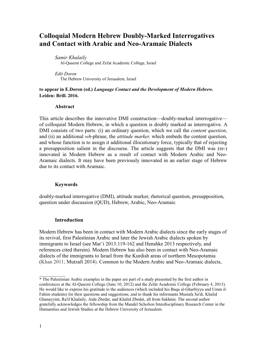 Colloquial Modern Hebrew Doubly-Marked Interrogatives and Contact with Arabic and Neo-Aramaic Dialects