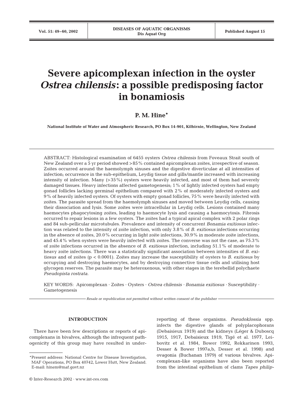 Severe Apicomplexan Infection in the Oyster Ostrea Chilensis: a Possible Predisposing Factor in Bonamiosis