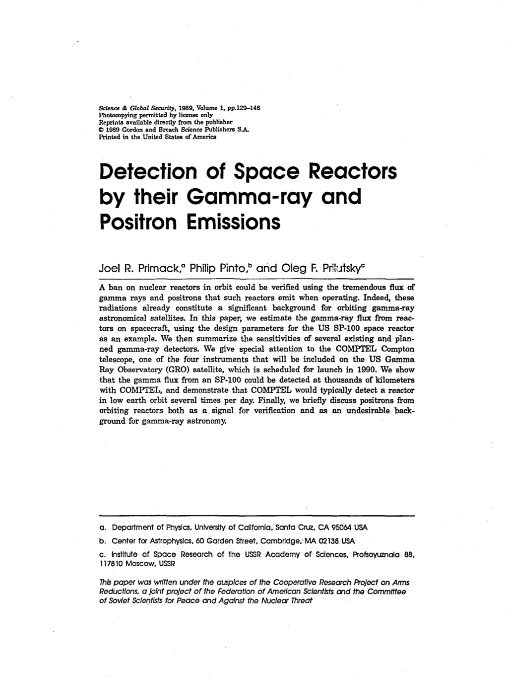 Detection of Space Reactors by Their Gamma‐Ray and Positron Emissions