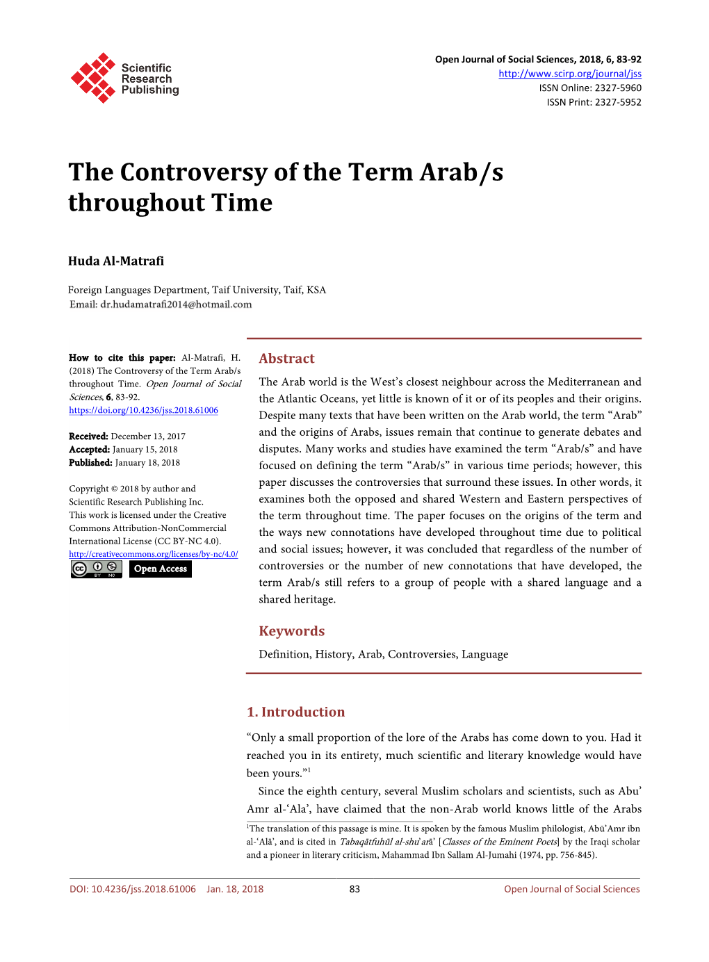 The Controversy of the Term Arab/S Throughout Time