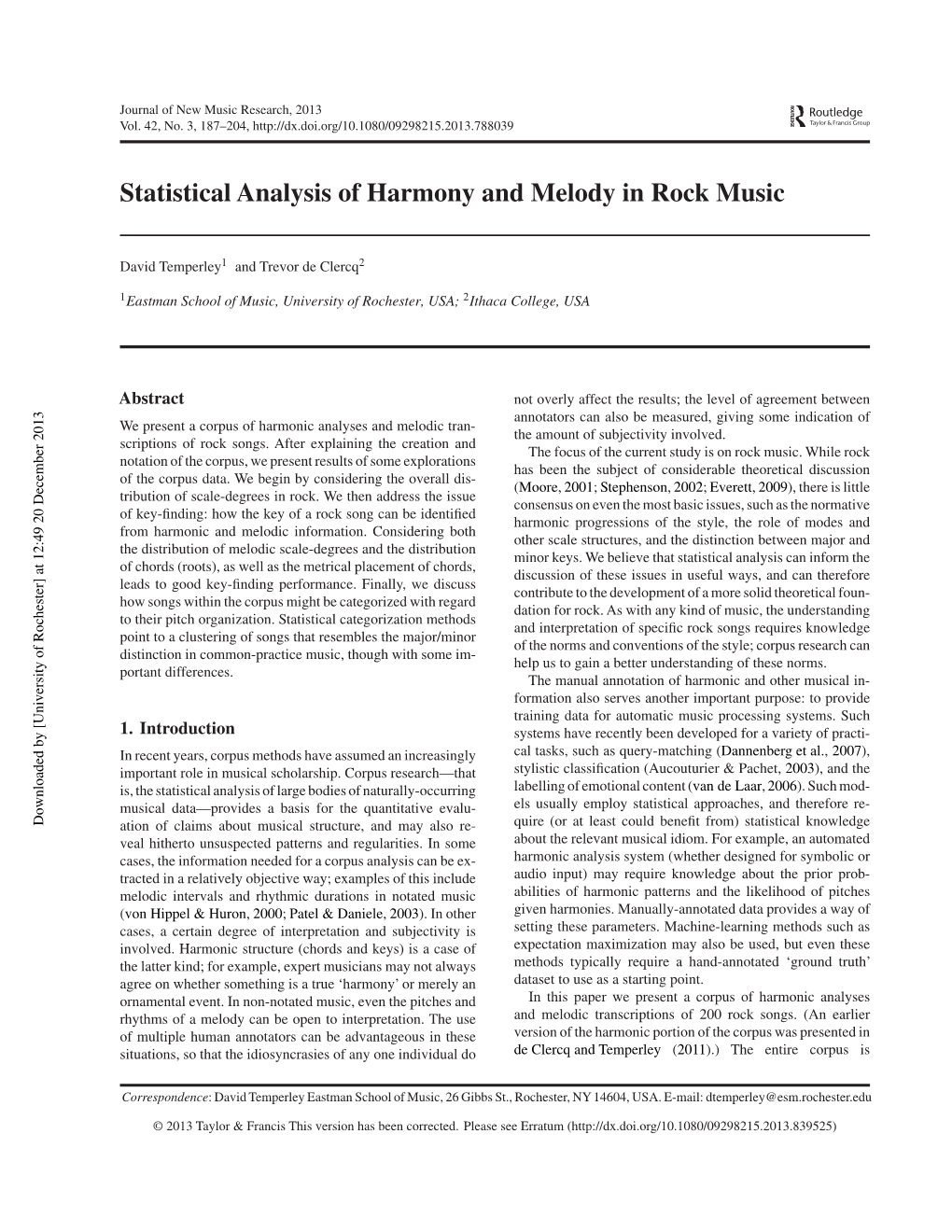 Statistical Analysis of Harmony and Melody in Rock Music