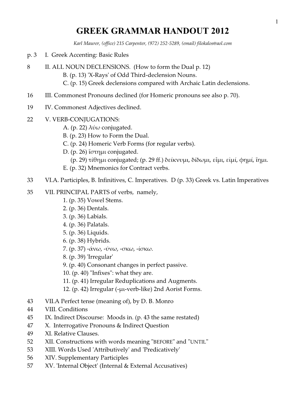 Greek Grammar Handout 2012