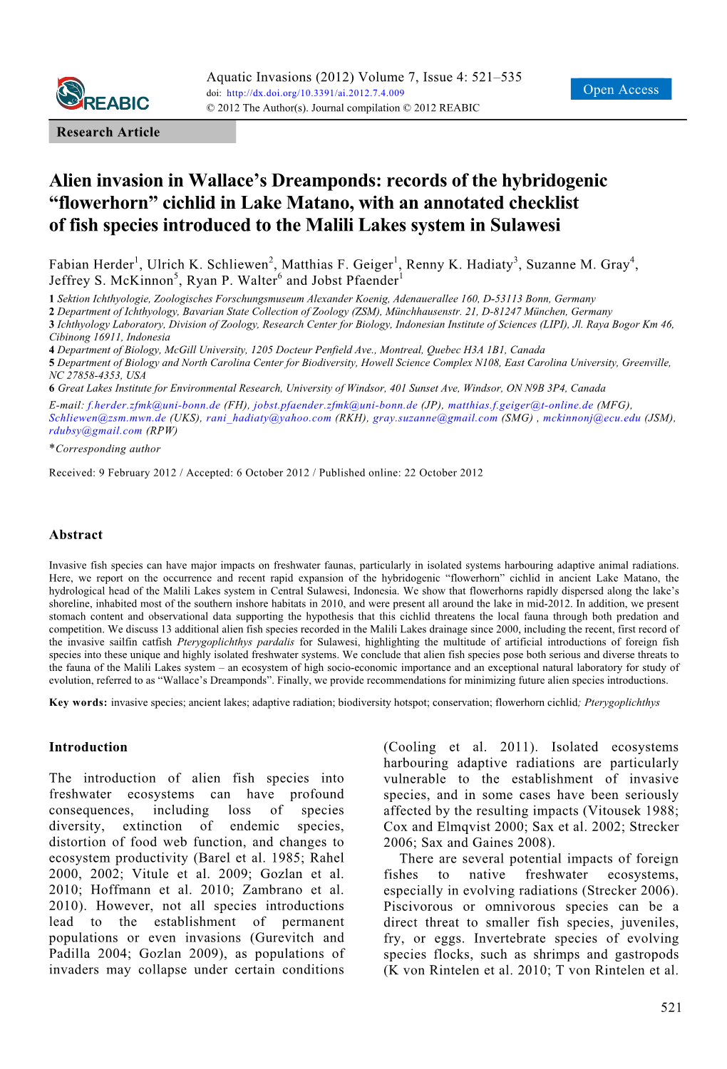 Flowerhorn” Cichlid in Lake Matano, with an Annotated Checklist of Fish Species Introduced to the Malili Lakes System in Sulawesi