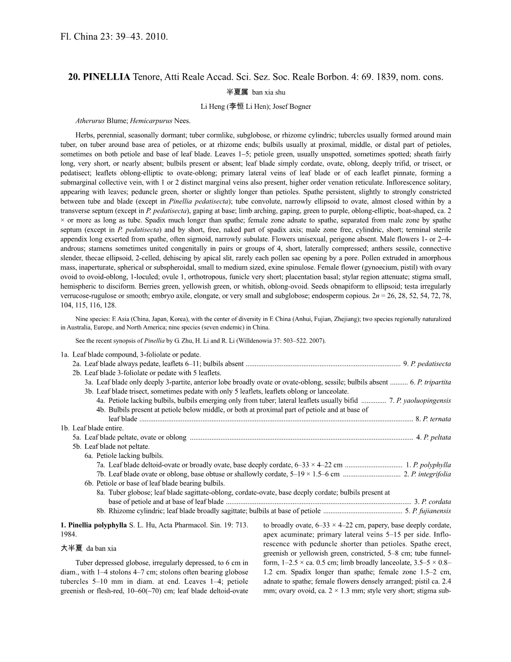 Fl. China 23: 39–43. 2010. 20. PINELLIA Tenore, Atti Reale Accad. Sci. Sez. Soc. Reale Borbon. 4: 69. 1839, Nom. Cons