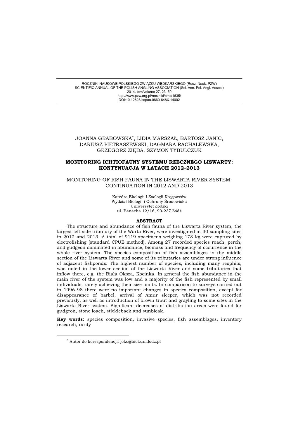 Monitoring Ichtiofauny Systemu Rzecznego Liswarty: Kontynuacja W Latach 2012–2013