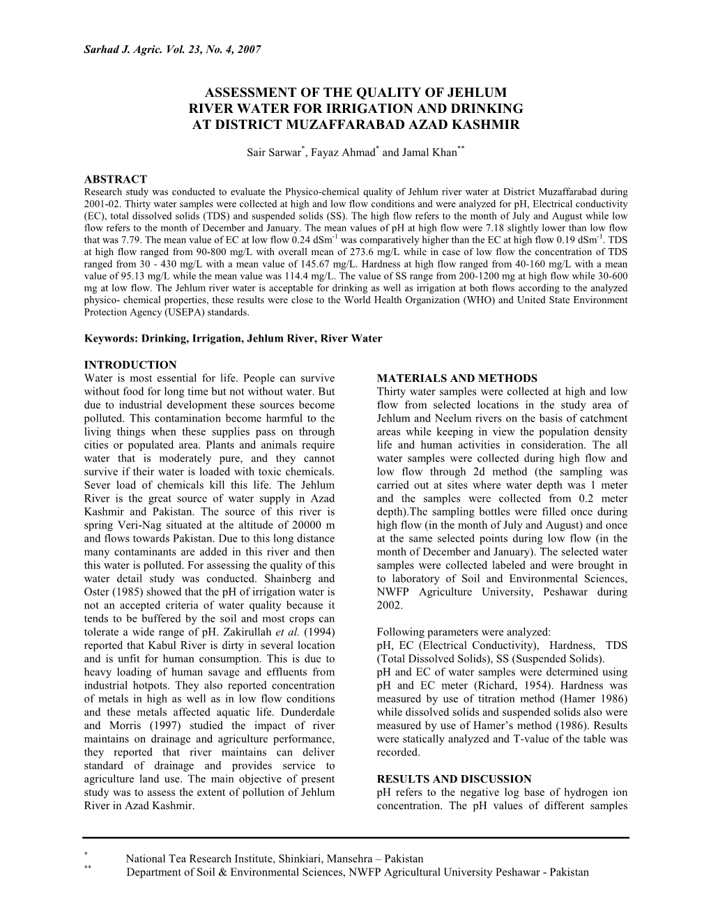 Assessment of the Quality of Jehlum River Water for Irrigation and Drinking at District Muzaffarabad Azad Kashmir