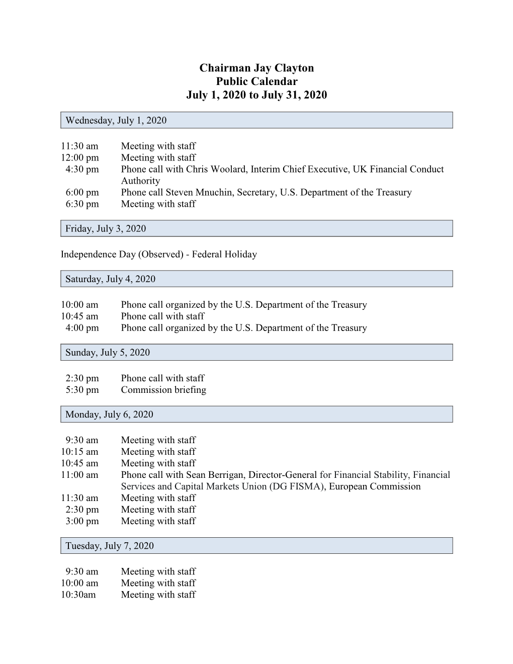 Chairman Jay Clayton Public Calendar July 1, 2020 to July 31, 2020