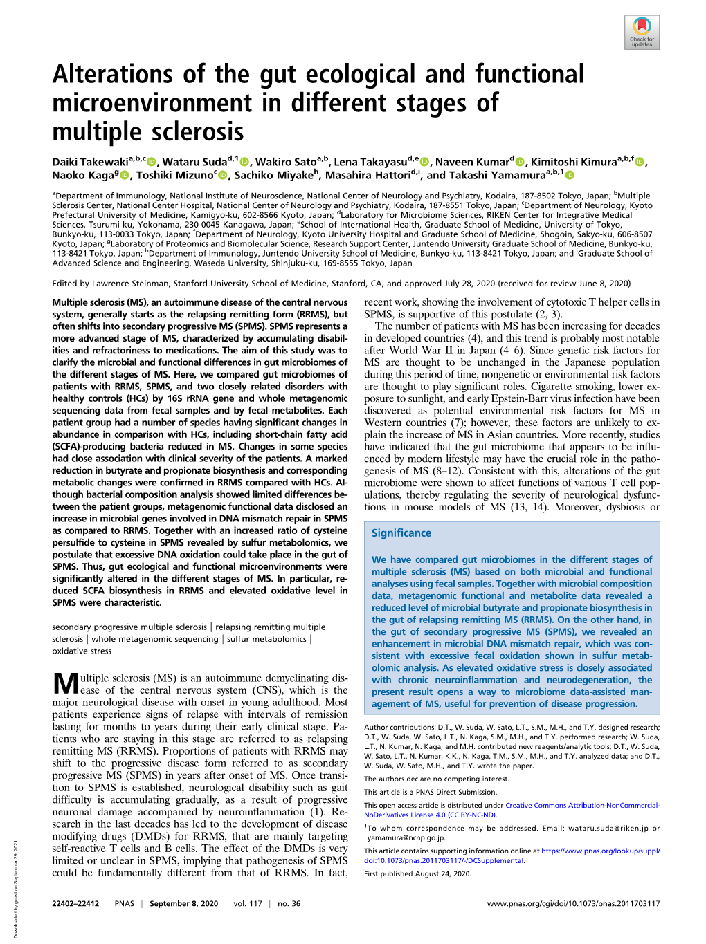 Alterations of the Gut Ecological and Functional Microenvironment in Different Stages of Multiple Sclerosis