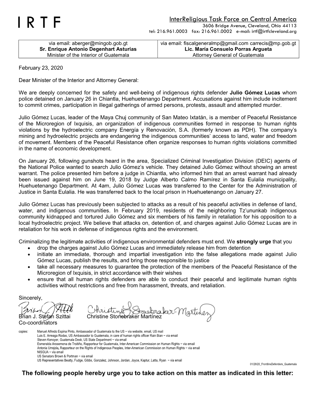 Interreligious Task Force on Central America I R T F 3606 Bridge Avenue, Cleveland, Ohio 44113 Tel: 216.961.0003 Fax: 216.961.0002 E-Mail: Irtf@Irtfcleveland.Org