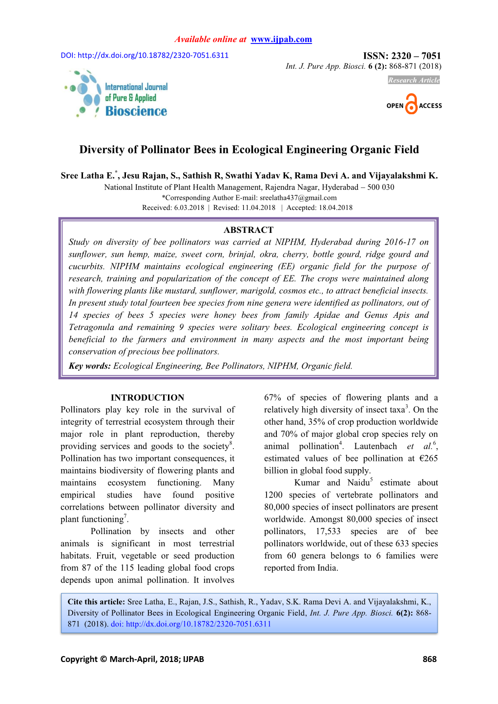 Diversity of Pollinator Bees in Ecological Engineering Organic Field