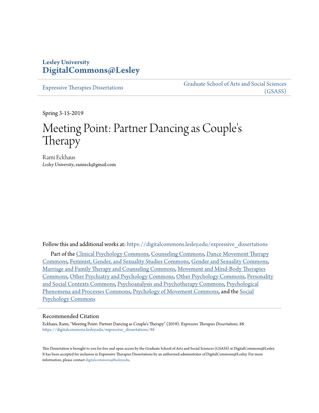 Meeting Point: Partner Dancing As Couple's Therapy Rami Eckhaus Lesley University, Ramieck@Gmail.Com