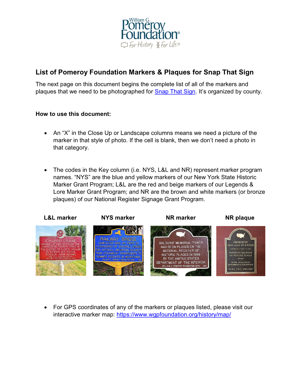 List of Pomeroy Foundation Markers & Plaques for Snap That Sign