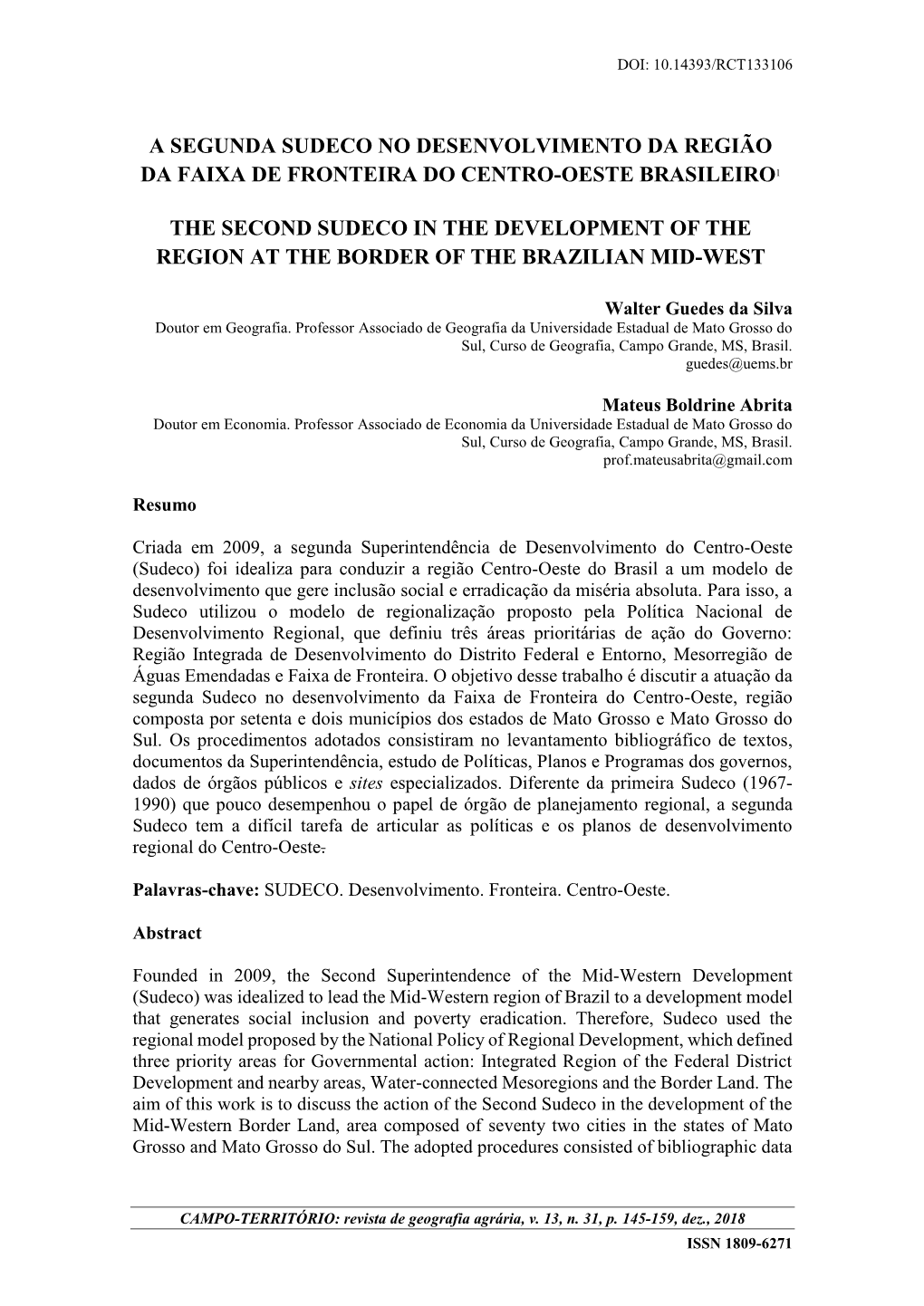 A Segunda Sudeco No Desenvolvimento Da Região Da Faixa De Fronteira Do Centro-Oeste Brasileiro1
