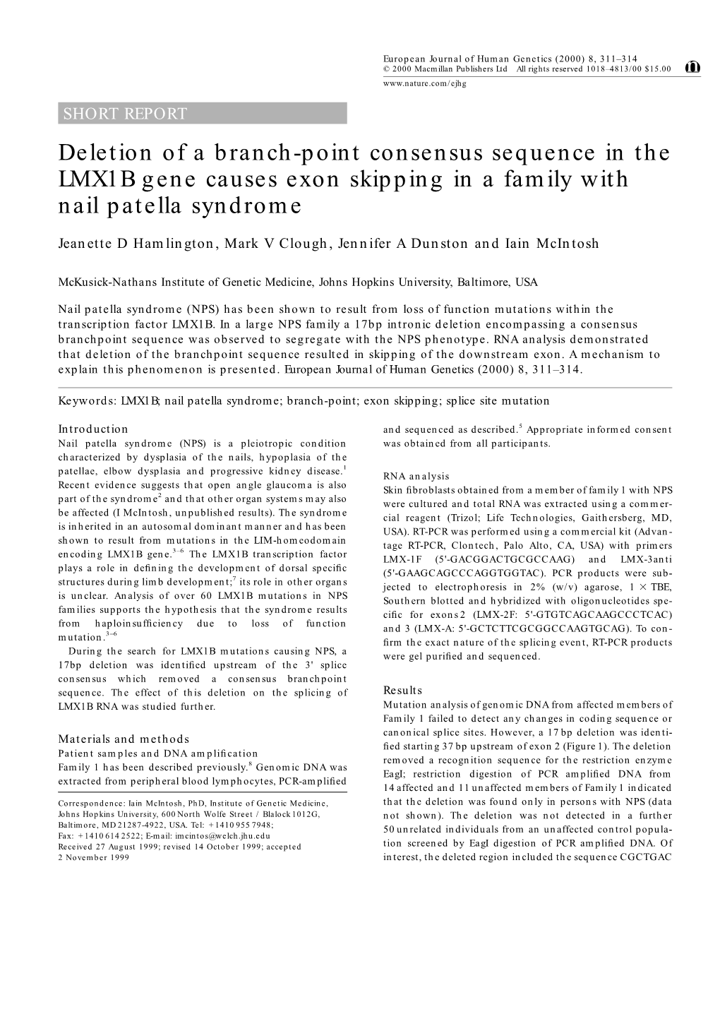 Deletion of a Branch-Point Consensus Sequence in the LMX1B Gene Causes Exon Skipping in a Family with Nail Patella Syndrome