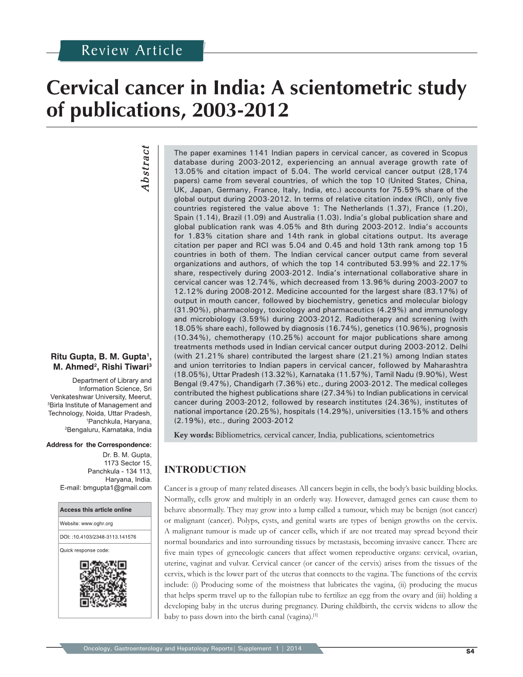 Cervical Cancer in India: a Scientometric Study of Publications, 2003-2012