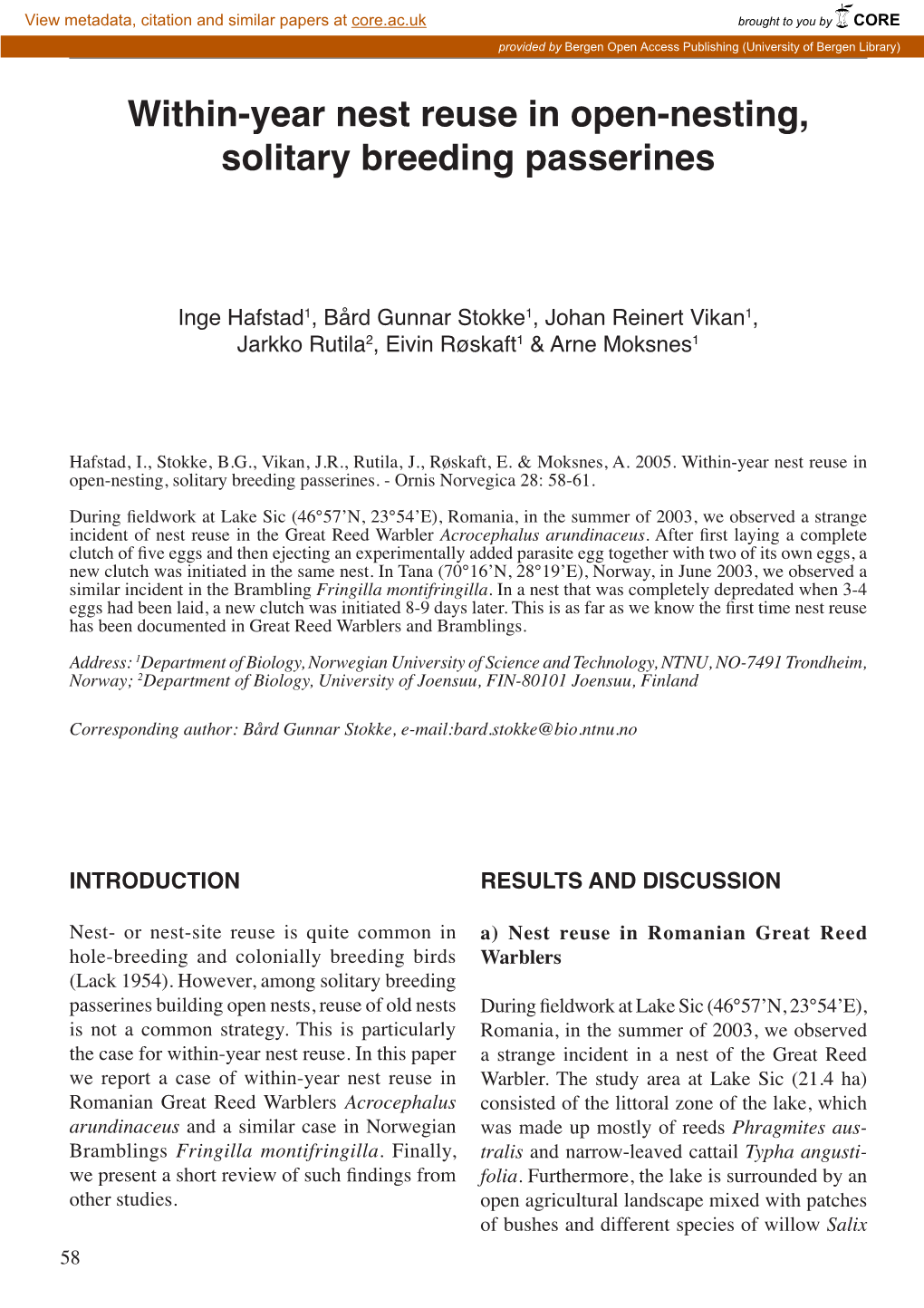 Within-Year Nest Reuse in Open-Nesting, Solitary Breeding Passerines