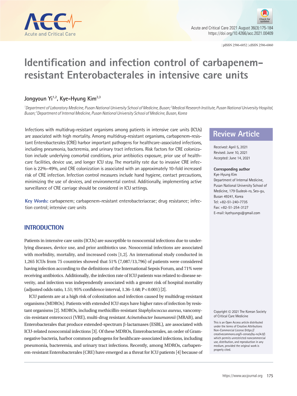 Identification and Infection Control of Carbapenem-Resistant Enterobacterales in Intensive Care Units