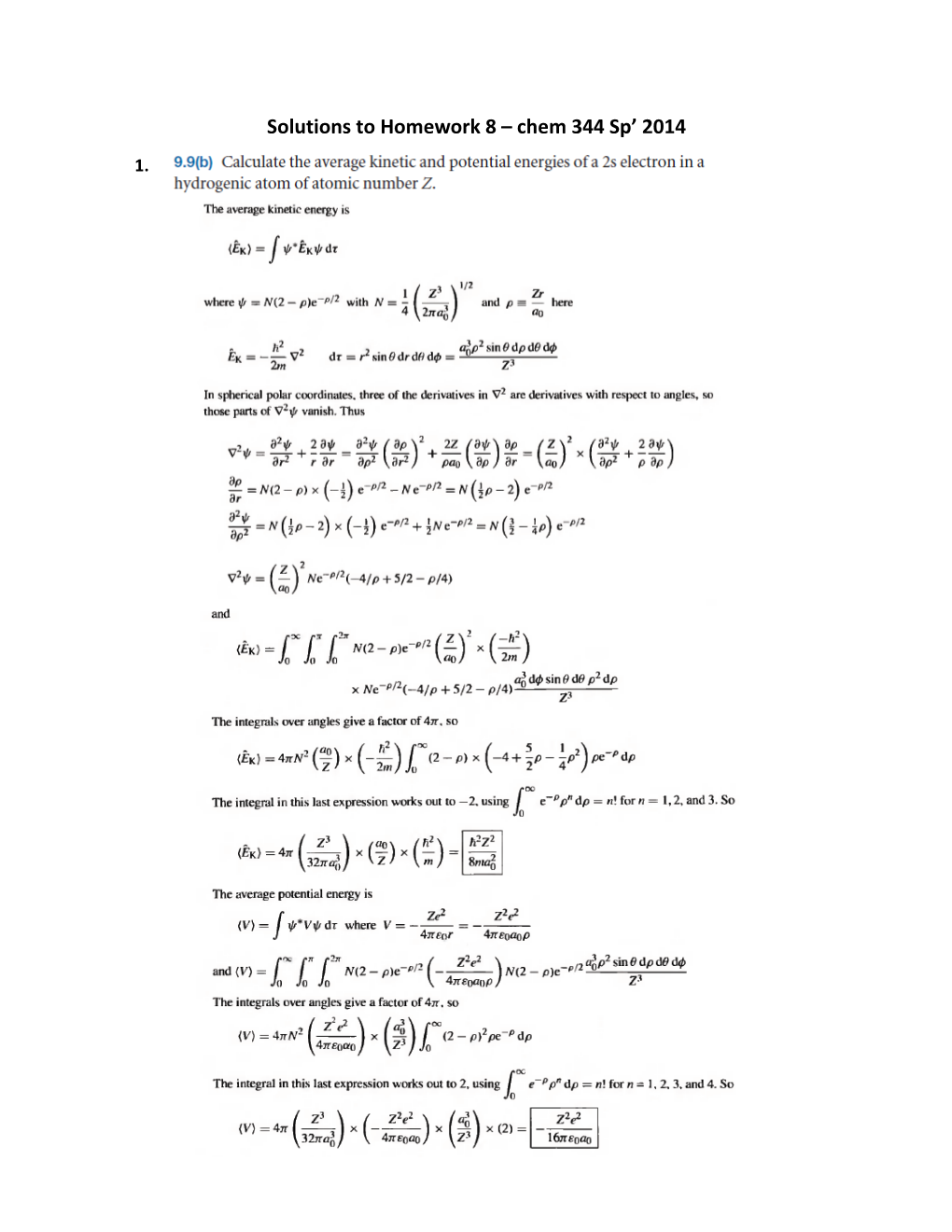 Solutions to Homework 8 – Chem 344 Sp' 2014