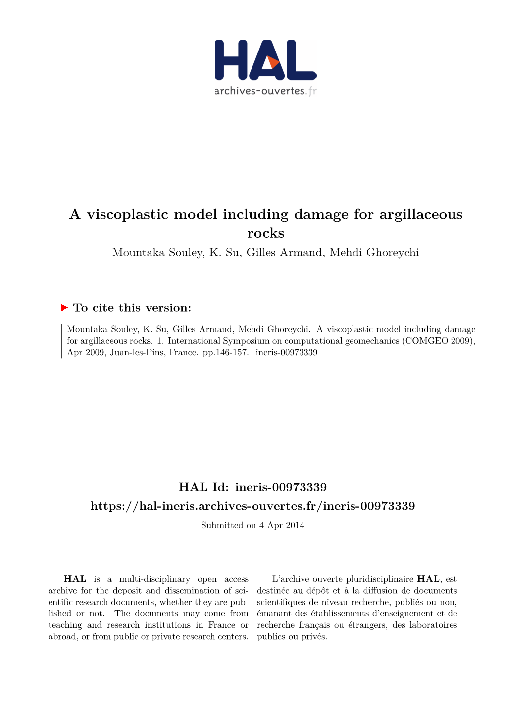 A Viscoplastic Model Including Damage for Argillaceous Rocks Mountaka Souley, K