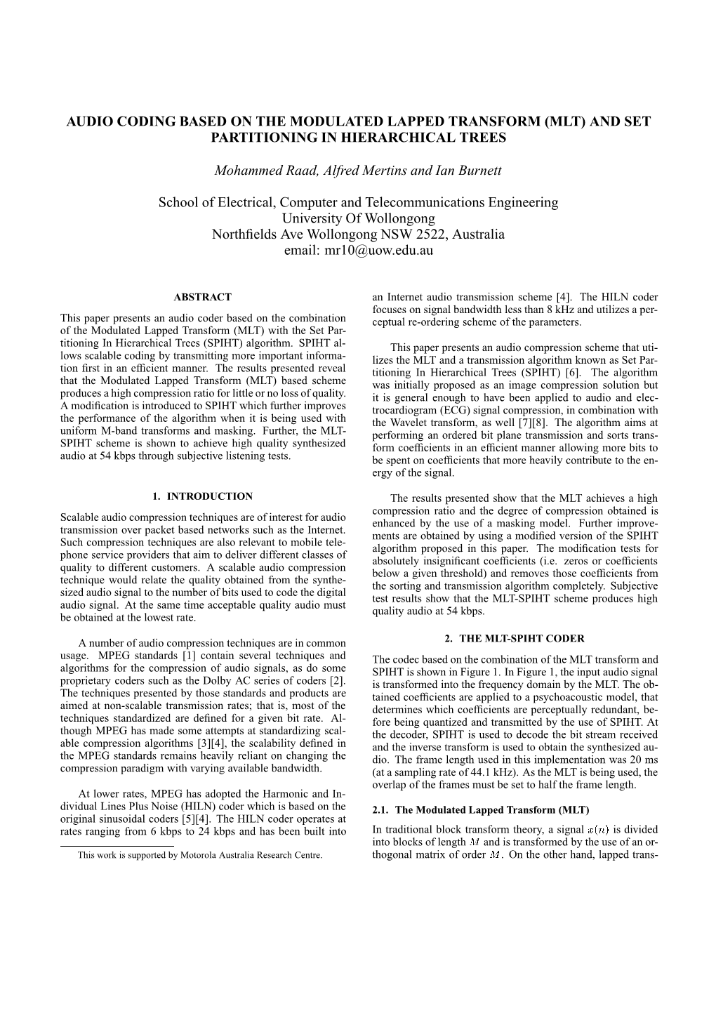 Audio Coding Based on the Modulated Lapped Transform (Mlt) and Set Partitioning in Hierarchical Trees