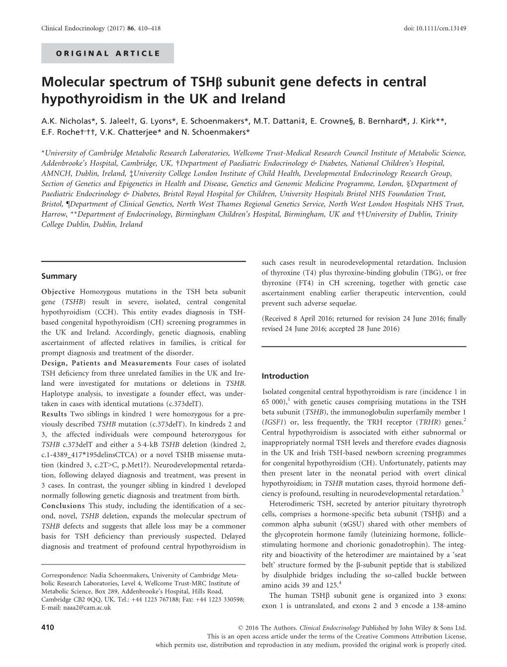 Subunit Gene Defects in Central Hypothyroidism in the UK and Ireland
