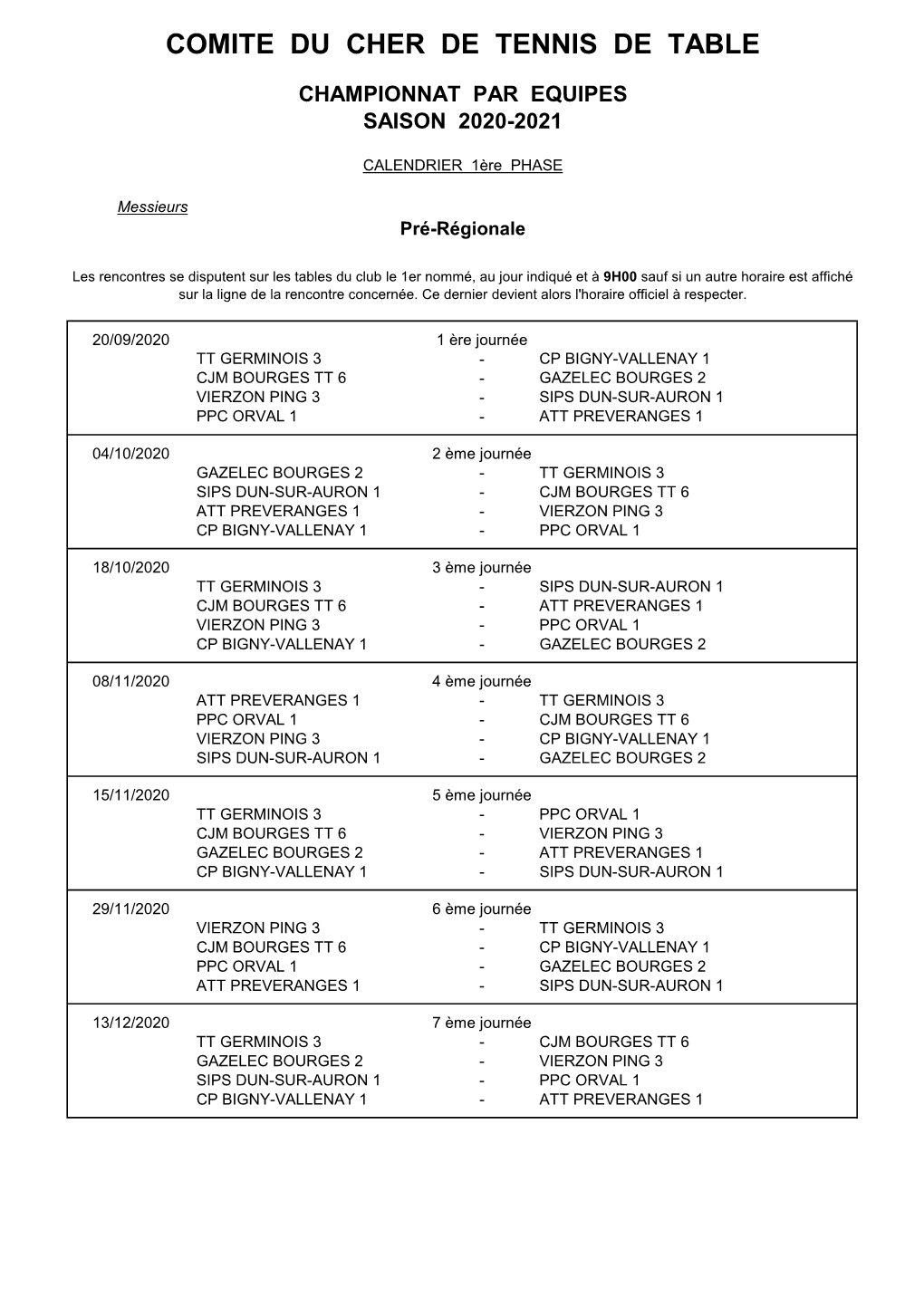 Championnat Par Equipes-Calendrier 2020-2021-Phase 1