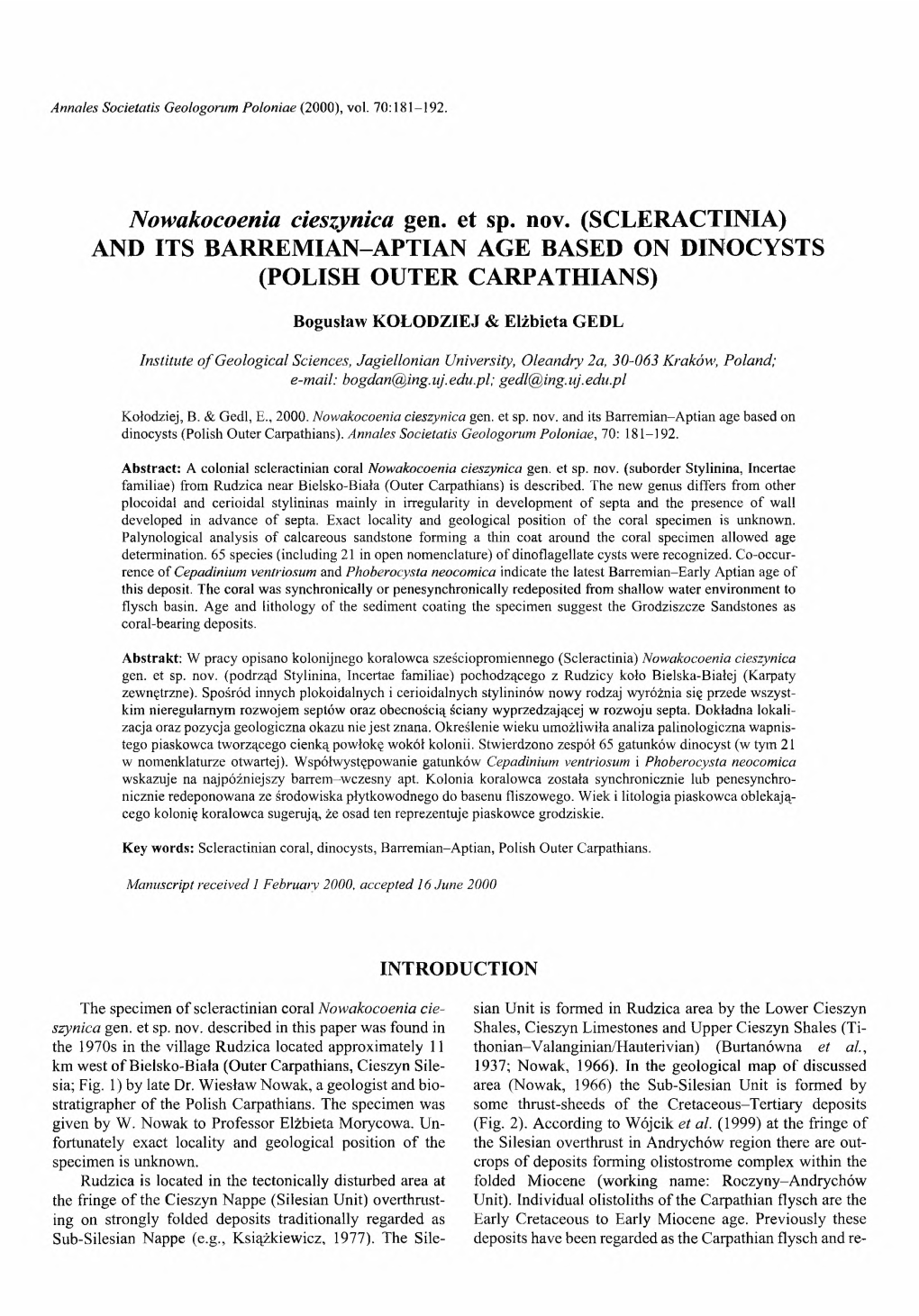 Nowakocoenia Cieszynica Gen. Et Sp. Nov. and Its Barremian-Aptian Age Based on Dinocysts (Polish Outer Carpathians)