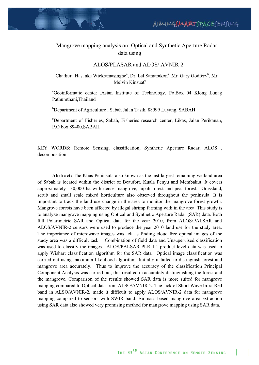 Mangrove Mapping Analysis On: Optical and Synthetic Aperture Radar Data Using