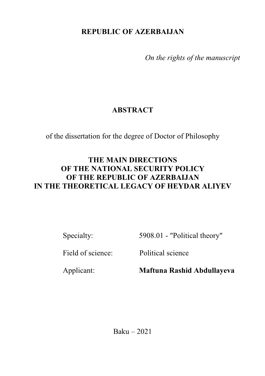 REPUBLIC of AZERBAIJAN on the Rights of the Manuscript ABSTRACT