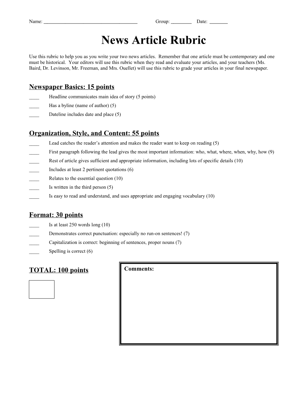 News Article Rubric