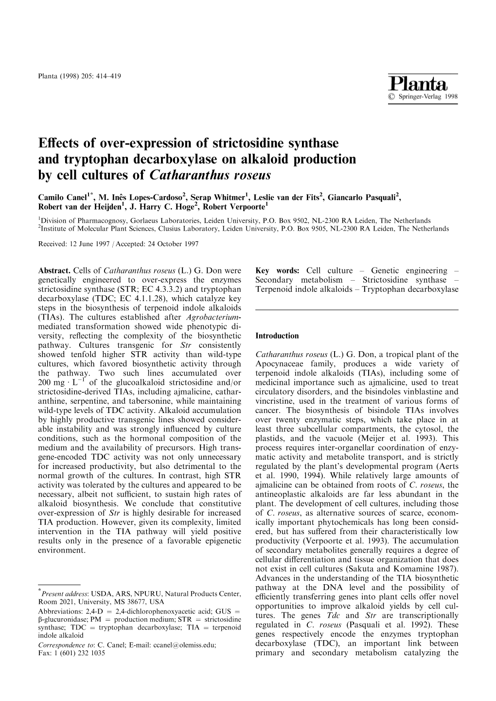 E€Ects of Over-Expression of Strictosidine Synthase And