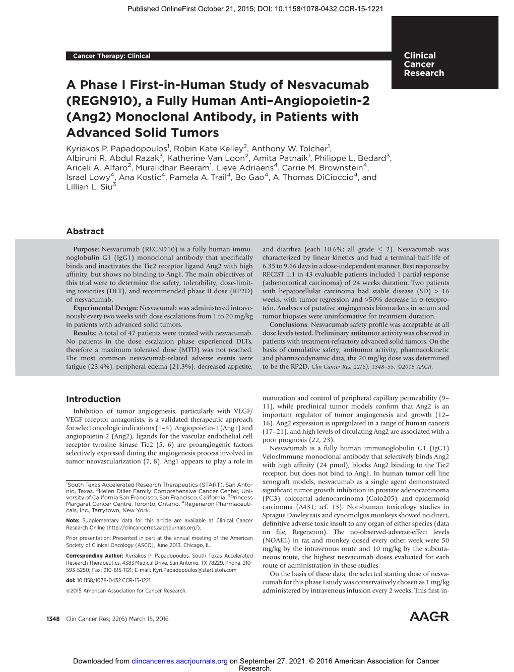 REGN910), a Fully Human Anti–Angiopoietin-2 (Ang2) Monoclonal Antibody, in Patients with Advanced Solid Tumors Kyriakos P