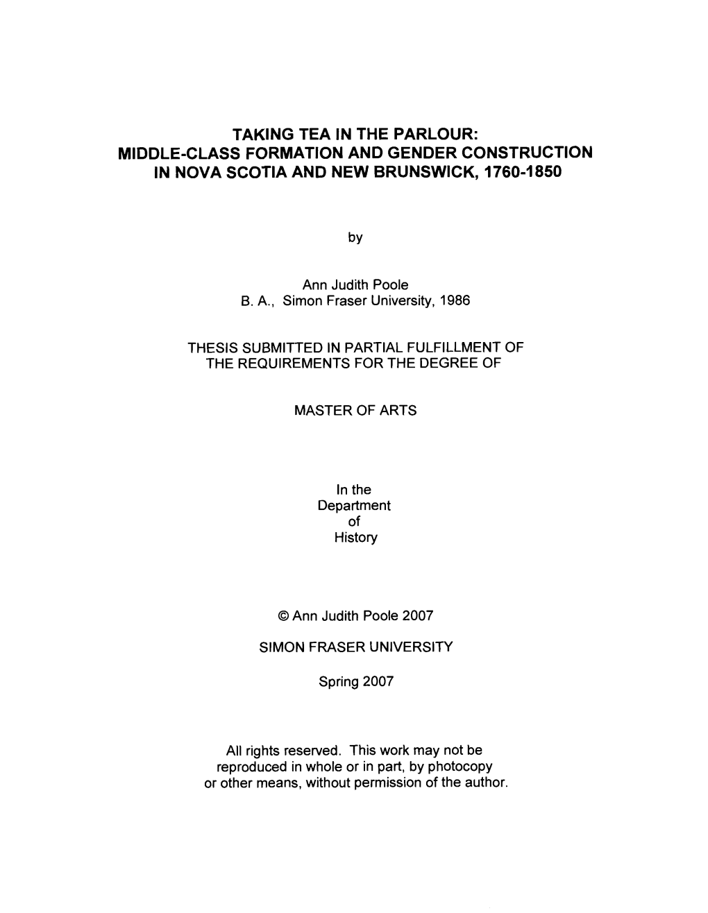 Middle-Class Formation and Gender Construction in Nova Scotia and New Brunswick, 1760-1850