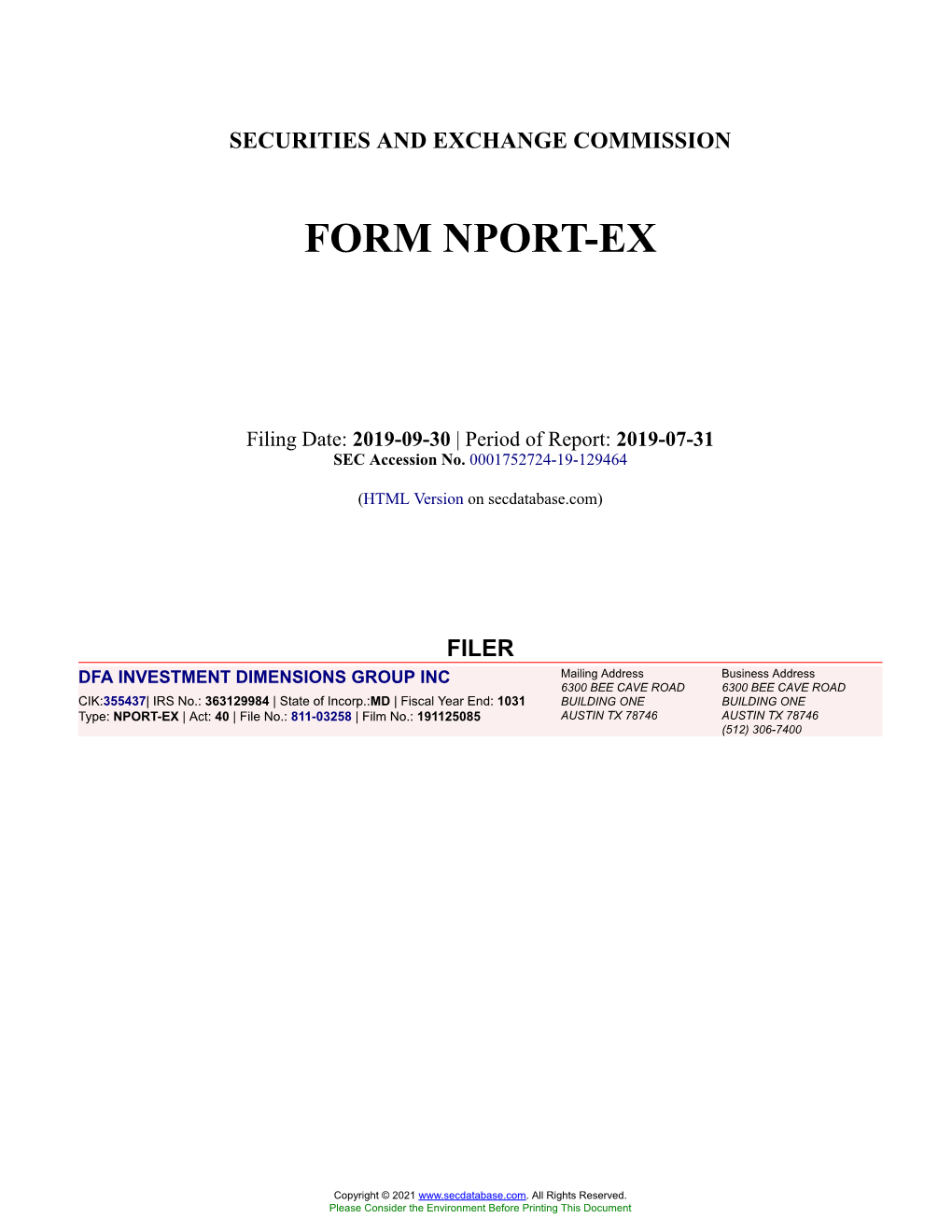 DFA INVESTMENT DIMENSIONS GROUP INC Form NPORT-EX Filed