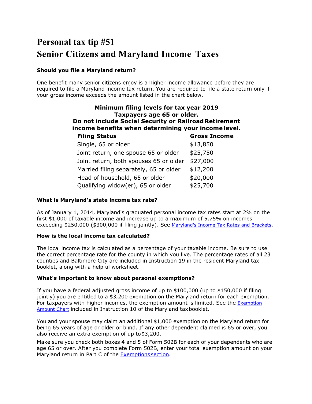 Personal Tax Tip #51 Senior Citizens and Maryland Income Taxes