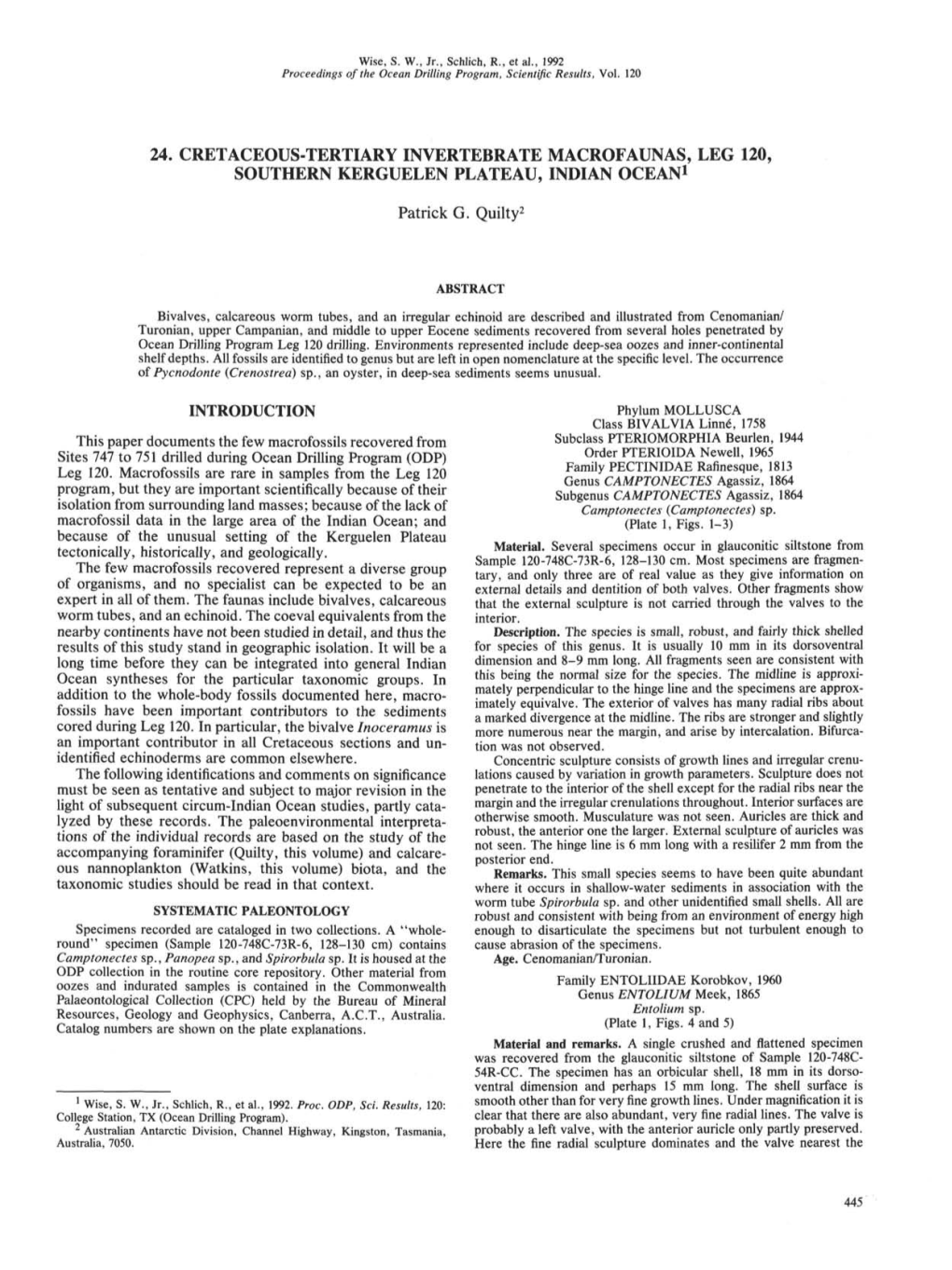 24. Cretaceous-Tertiary Invertebrate Macrofaunas, Leg 120, Southern Kerguelen Plateau, Indian Ocean1